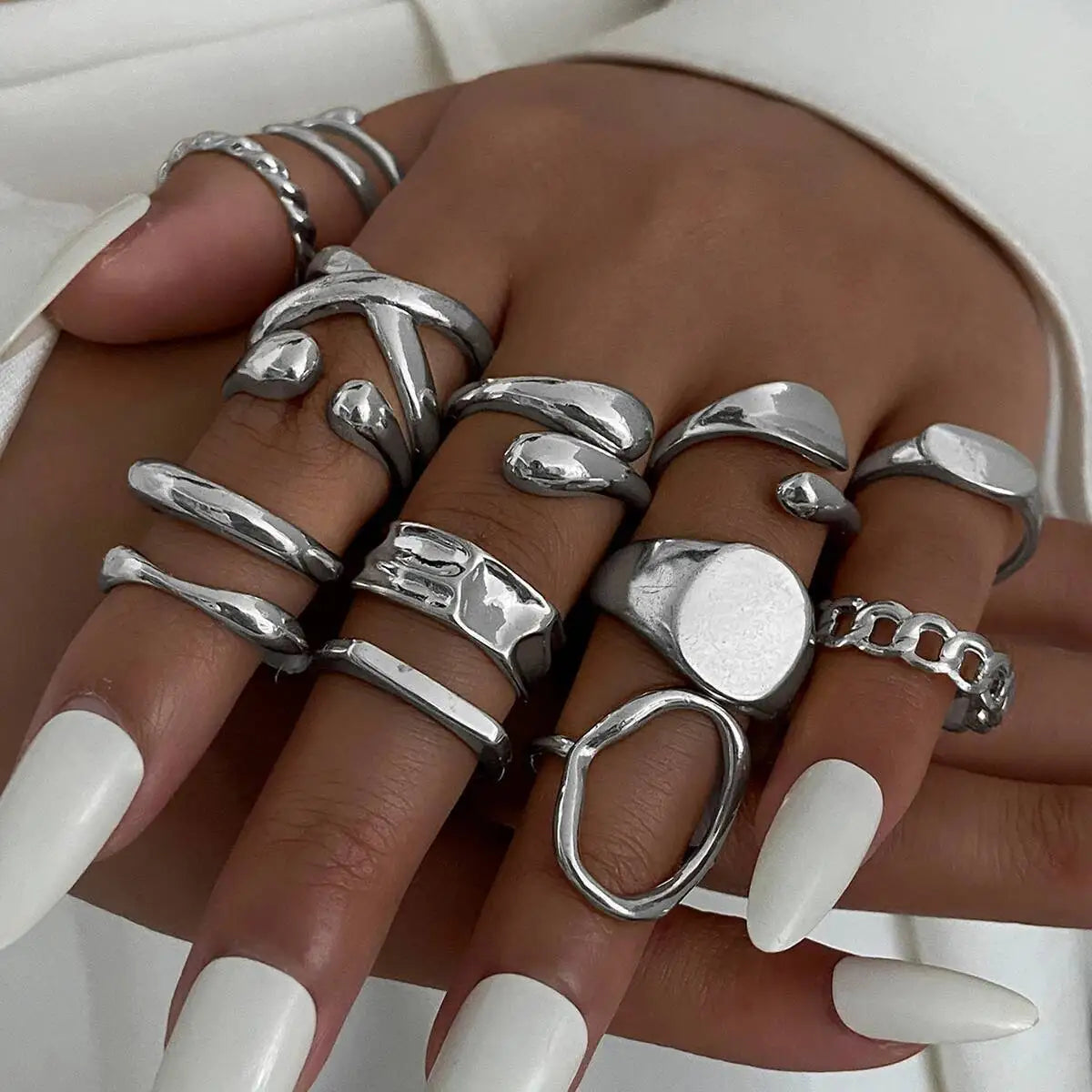 Ingemark 14Pcs/Set Punk Irregular Water Drop Open Rings for Women New Trend Vintage Adjustable Finger Rings Couple Jewelry Gift