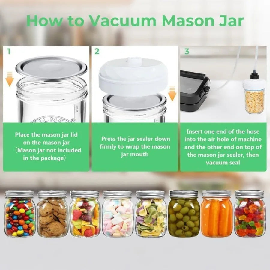 Cordless vacuum sealer for dry/moist food storage ABS plastic black rechargeable with 1 air hose and 2 mason jar sealers