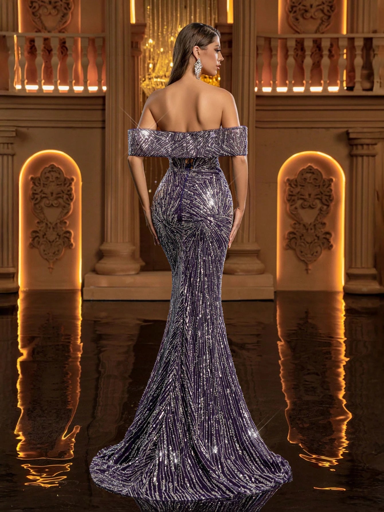Women's Strapless Cold Shoulder Sequin Mermaid Maxi Dress