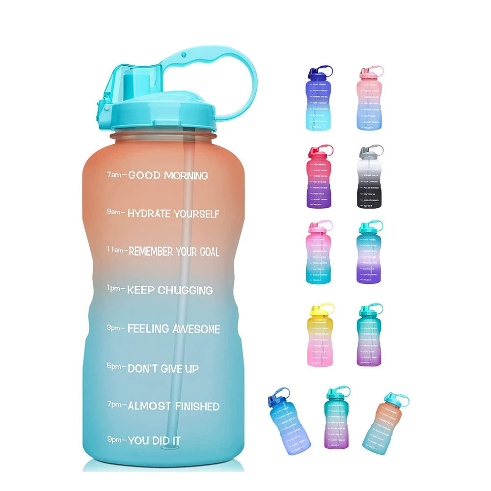 Half Gallon 64oz BPA Free Gradient Anti-Slip Leakproof GYM Fitness Motivational Time Marker Plastic Water Bottle with Straw Lid