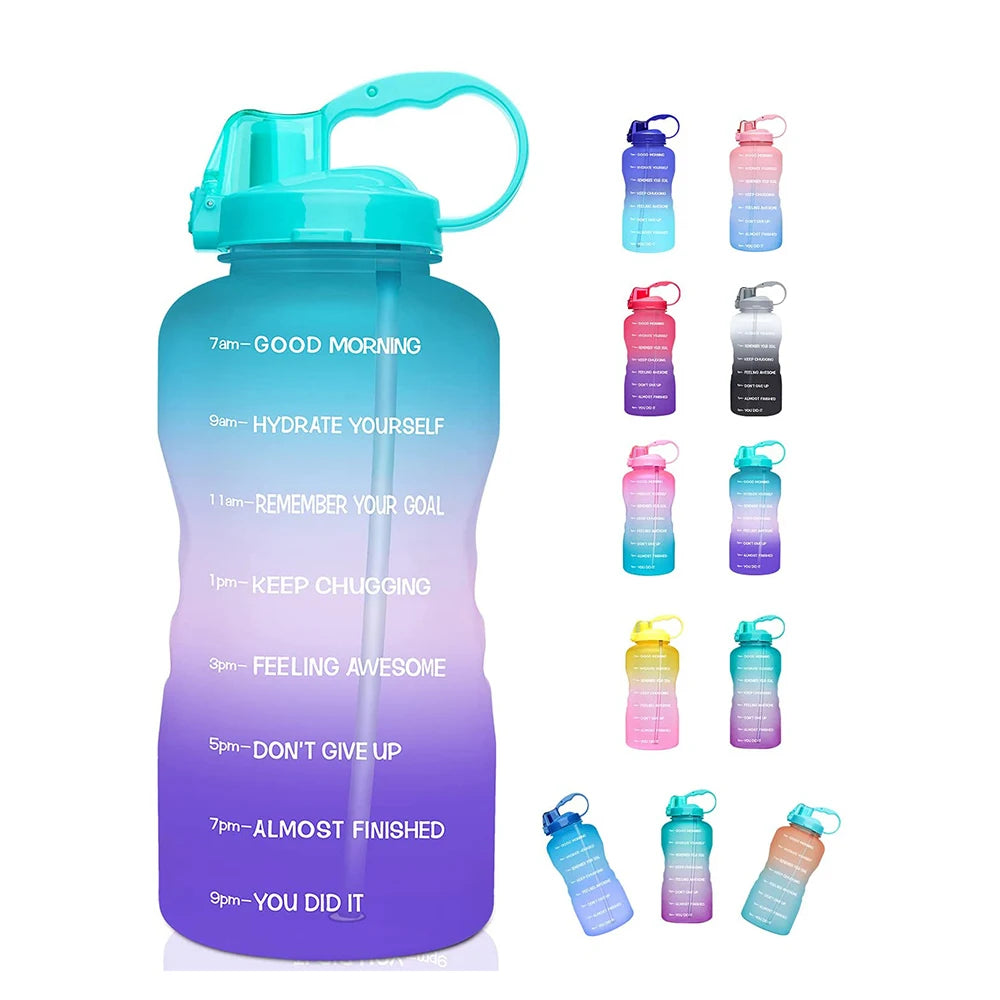 Half Gallon 64oz BPA Free Gradient Anti-Slip Leakproof GYM Fitness Motivational Time Marker Plastic Water Bottle with Straw Lid