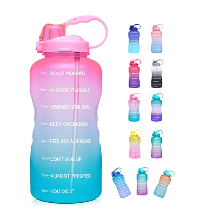 Half Gallon 64oz BPA Free Gradient Anti-Slip Leakproof GYM Fitness Motivational Time Marker Plastic Water Bottle with Straw Lid