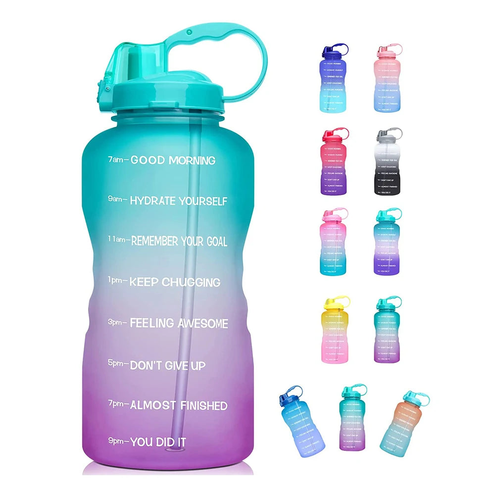 Half Gallon 64oz BPA Free Gradient Anti-Slip Leakproof GYM Fitness Motivational Time Marker Plastic Water Bottle with Straw Lid