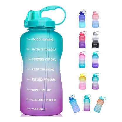 Half Gallon 64oz BPA Free Gradient Anti-Slip Leakproof GYM Fitness Motivational Time Marker Plastic Water Bottle with Straw Lid