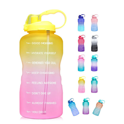 Half Gallon 64oz BPA Free Gradient Anti-Slip Leakproof GYM Fitness Motivational Time Marker Plastic Water Bottle with Straw Lid
