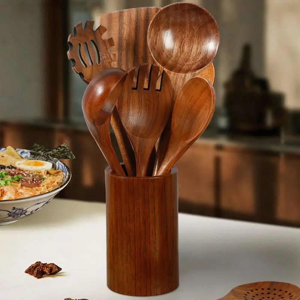 4-8pcs Wooden Cooking Spoon Natural Material Durable Kitchen Utensils Set with Storage Bucket Unbreakable Kitchen Shovel Set