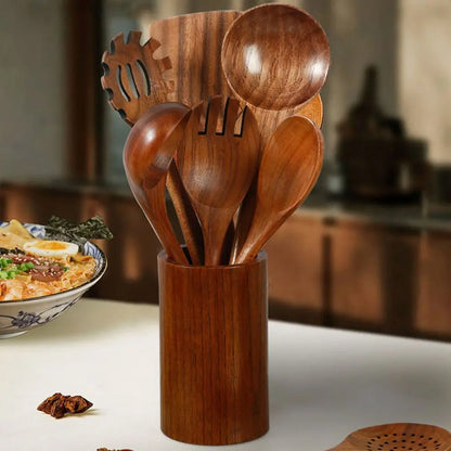4-8pcs Wooden Cooking Spoon Natural Material Durable Kitchen Utensils Set with Storage Bucket Unbreakable Kitchen Shovel Set