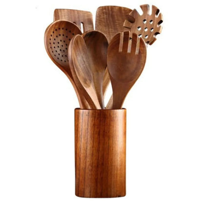 4-8pcs Wooden Cooking Spoon Natural Material Durable Kitchen Utensils Set with Storage Bucket Unbreakable Kitchen Shovel Set