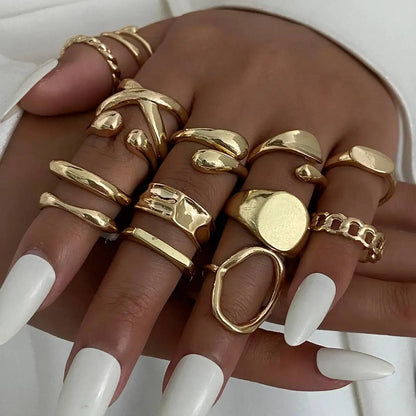 Ingemark 14Pcs/Set Punk Irregular Water Drop Open Rings for Women New Trend Vintage Adjustable Finger Rings Couple Jewelry Gift