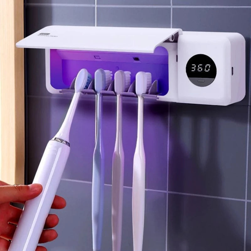 Intelligent UV Toothbrush Sterilizer USB Charging Wall-Mounted No-Drill Toothbrush Cleaner Bathroom Toothbrush Holder Organizer