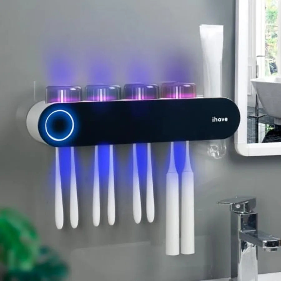 Wall Mounted Electric Toothbrush Holders with 3 Cups UV Sanitizer Toothpaste Dispenser Smart Home Bathroom Accessories and Deco