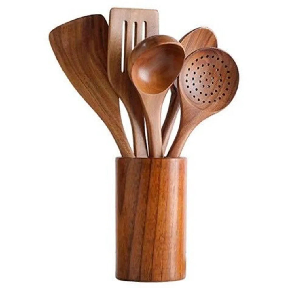 4-8pcs Wooden Cooking Spoon Natural Material Durable Kitchen Utensils Set with Storage Bucket Unbreakable Kitchen Shovel Set