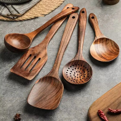 4-8pcs Wooden Cooking Spoon Natural Material Durable Kitchen Utensils Set with Storage Bucket Unbreakable Kitchen Shovel Set