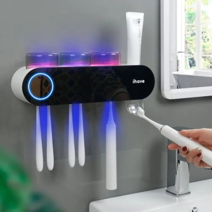 Wall Mounted Electric Toothbrush Holders with 3 Cups UV Sanitizer Toothpaste Dispenser Smart Home Bathroom Accessories and Deco