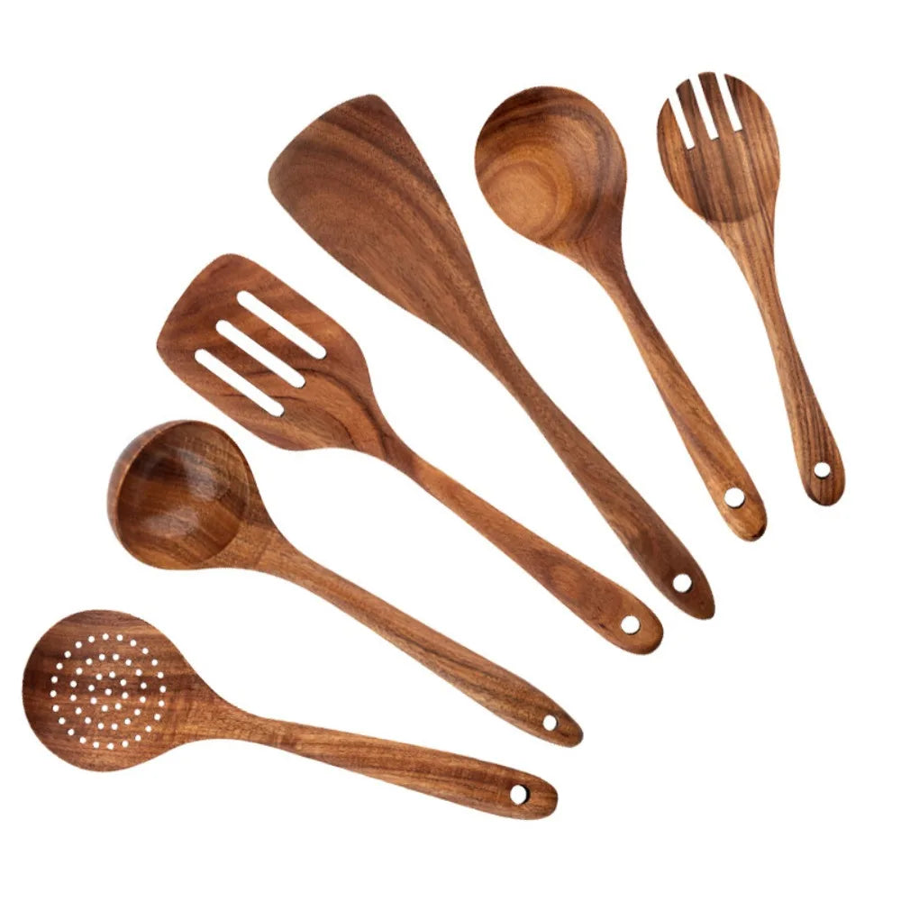 4-8pcs Wooden Cooking Spoon Natural Material Durable Kitchen Utensils Set with Storage Bucket Unbreakable Kitchen Shovel Set