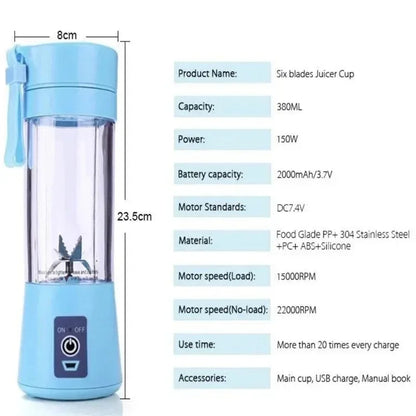 Mini 380ML Portable Blender for Shakes and Smoothies Rechargeable USB Traveling Fruit Juicer Cup Hand Fruit Blender Juicing Cup
