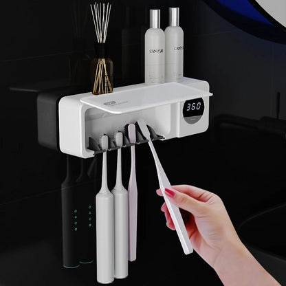 Intelligent UV Toothbrush Sterilizer USB Charging Wall-Mounted No-Drill Toothbrush Cleaner Bathroom Toothbrush Holder Organizer