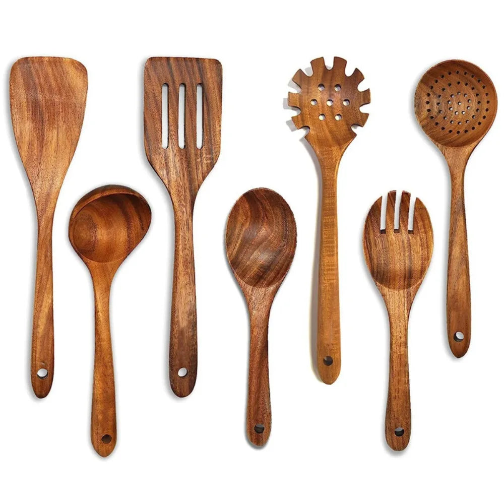 4-8pcs Wooden Cooking Spoon Natural Material Durable Kitchen Utensils Set with Storage Bucket Unbreakable Kitchen Shovel Set