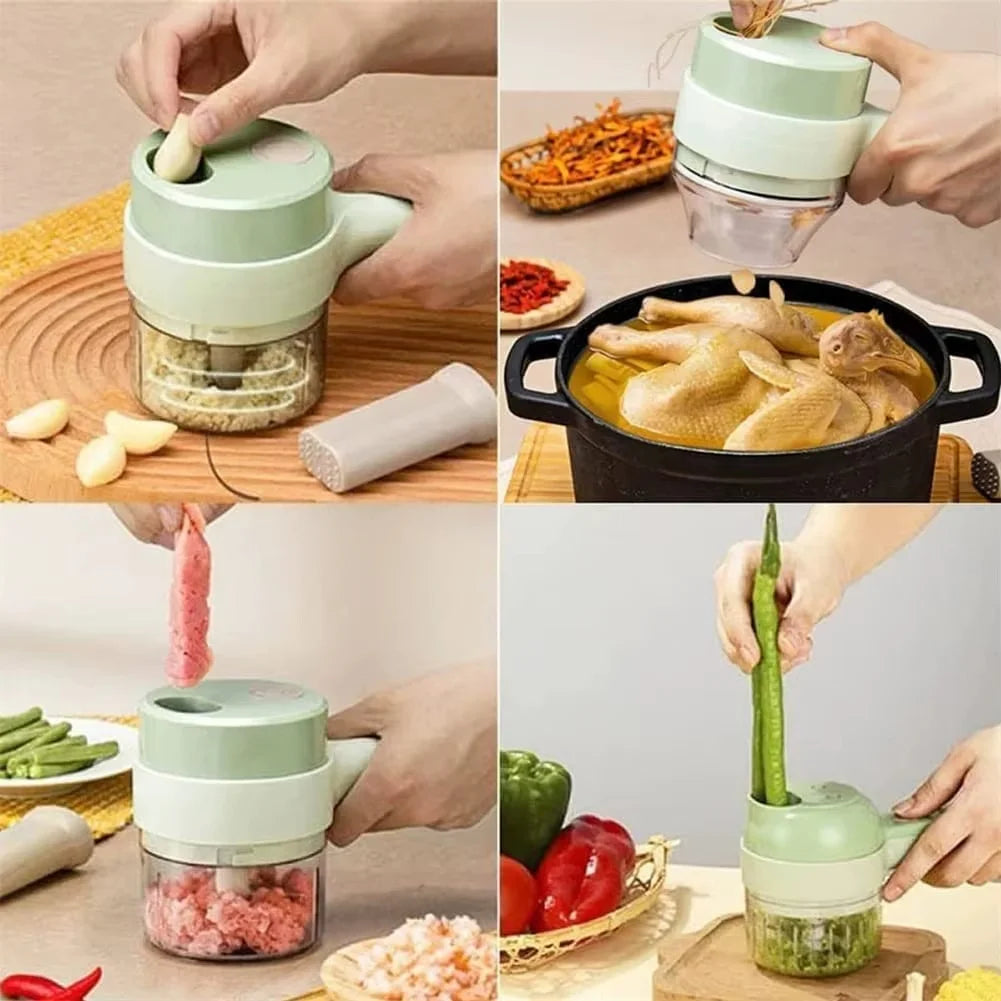 4 in 1 Handheld Electric Vegetable Cutter Wireless Food Processor Vegetable Slicer Set Pepper Garlic Mash Minced Cooking Gadgets