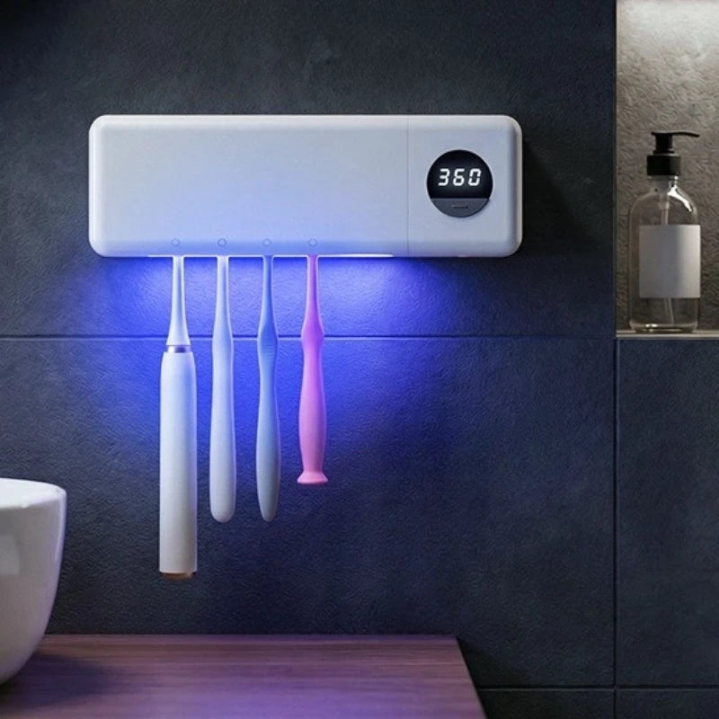 Intelligent UV Toothbrush Sterilizer USB Charging Wall-Mounted No-Drill Toothbrush Cleaner Bathroom Toothbrush Holder Organizer