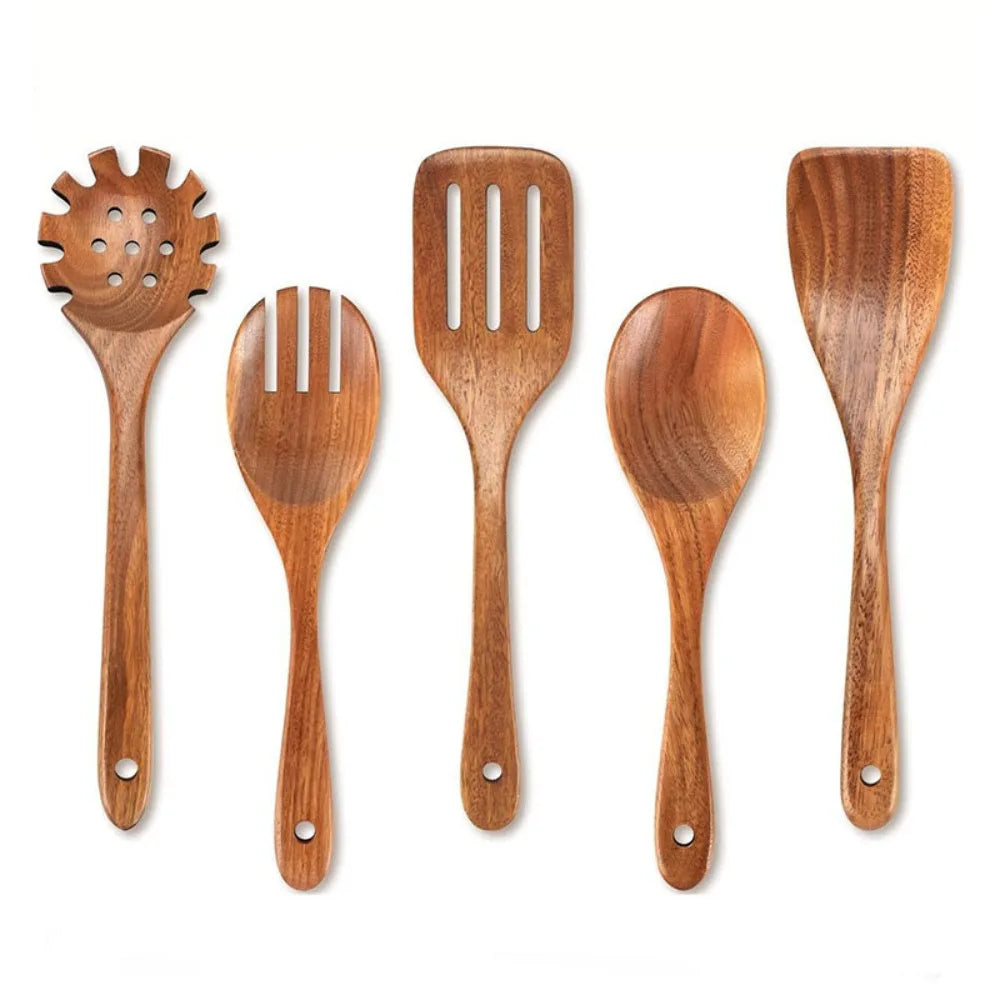 4-8pcs Wooden Cooking Spoon Natural Material Durable Kitchen Utensils Set with Storage Bucket Unbreakable Kitchen Shovel Set