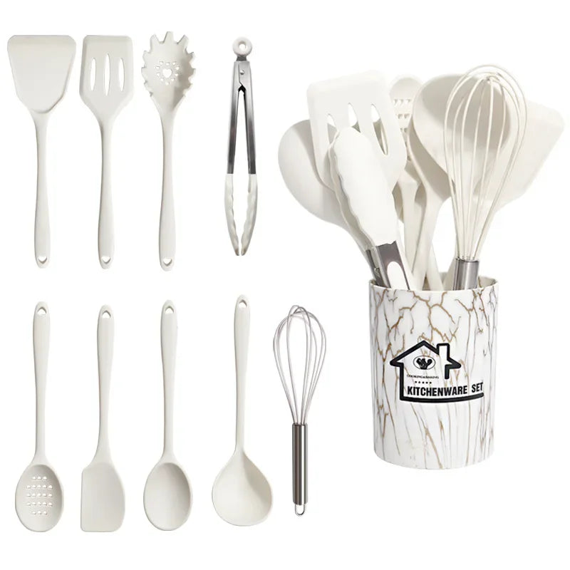 White 10/18Pcs Food Grade Silicone Kitchen Cookware Utensils Turner Spatula Measuring Spoon Cooking Tool Kitchenware Set