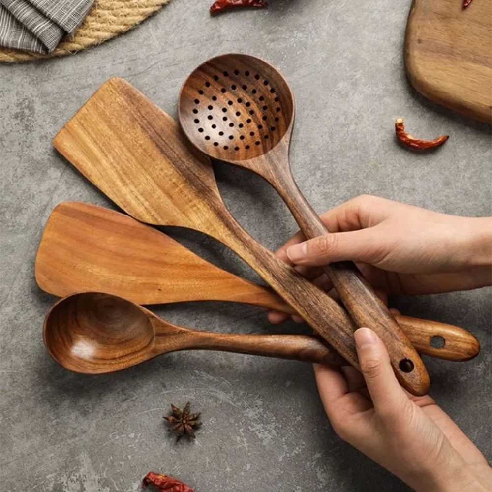 4-8pcs Wooden Cooking Spoon Natural Material Durable Kitchen Utensils Set with Storage Bucket Unbreakable Kitchen Shovel Set