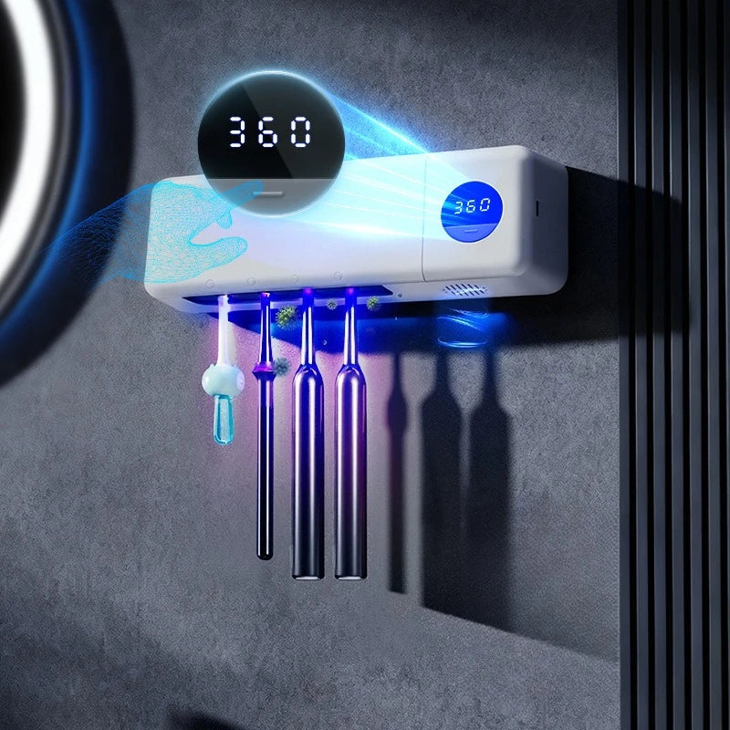 Intelligent UV Toothbrush Sterilizer USB Charging Wall-Mounted No-Drill Toothbrush Cleaner Bathroom Toothbrush Holder Organizer