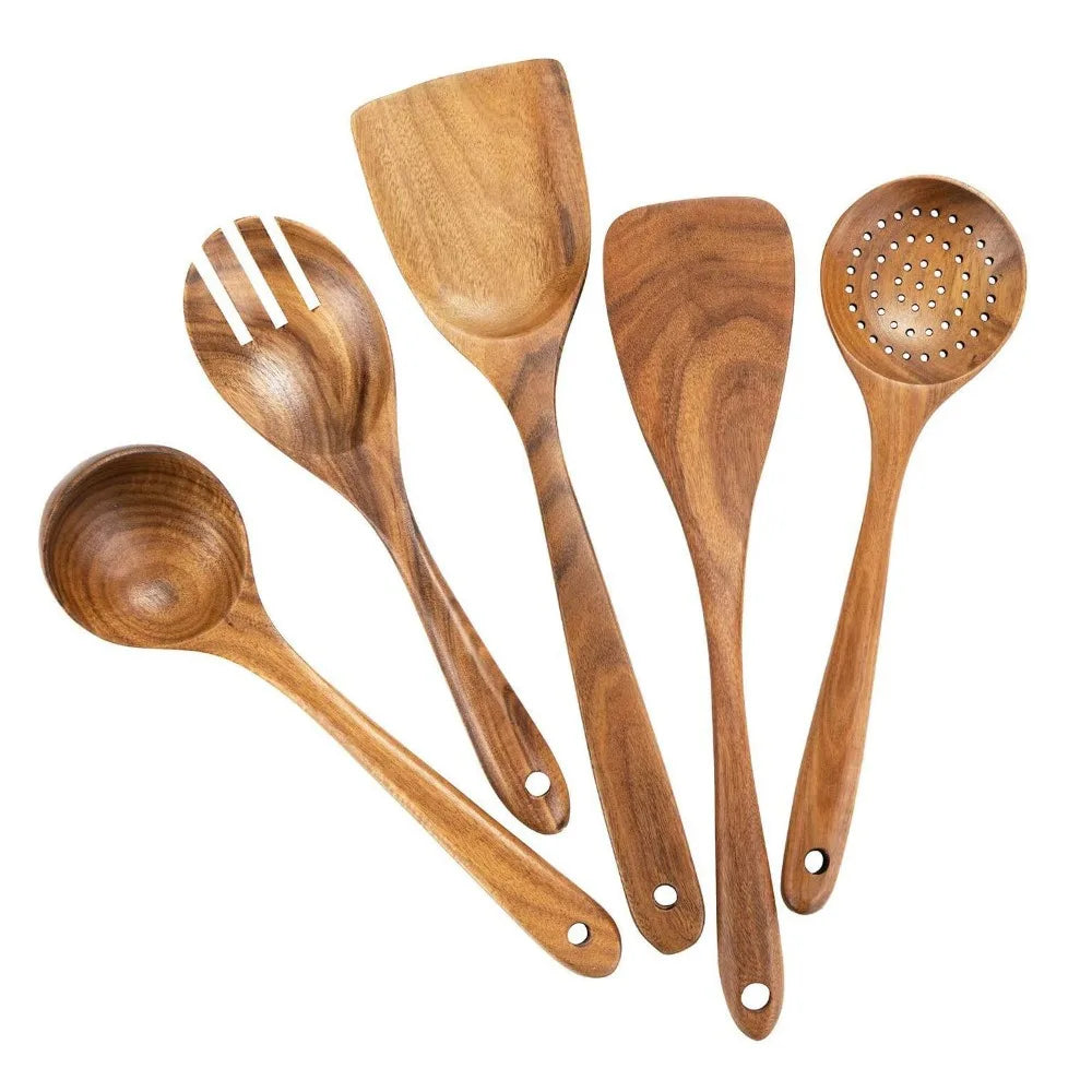 4-8pcs Wooden Cooking Spoon Natural Material Durable Kitchen Utensils Set with Storage Bucket Unbreakable Kitchen Shovel Set
