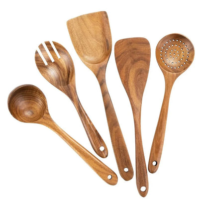 4-8pcs Wooden Cooking Spoon Natural Material Durable Kitchen Utensils Set with Storage Bucket Unbreakable Kitchen Shovel Set