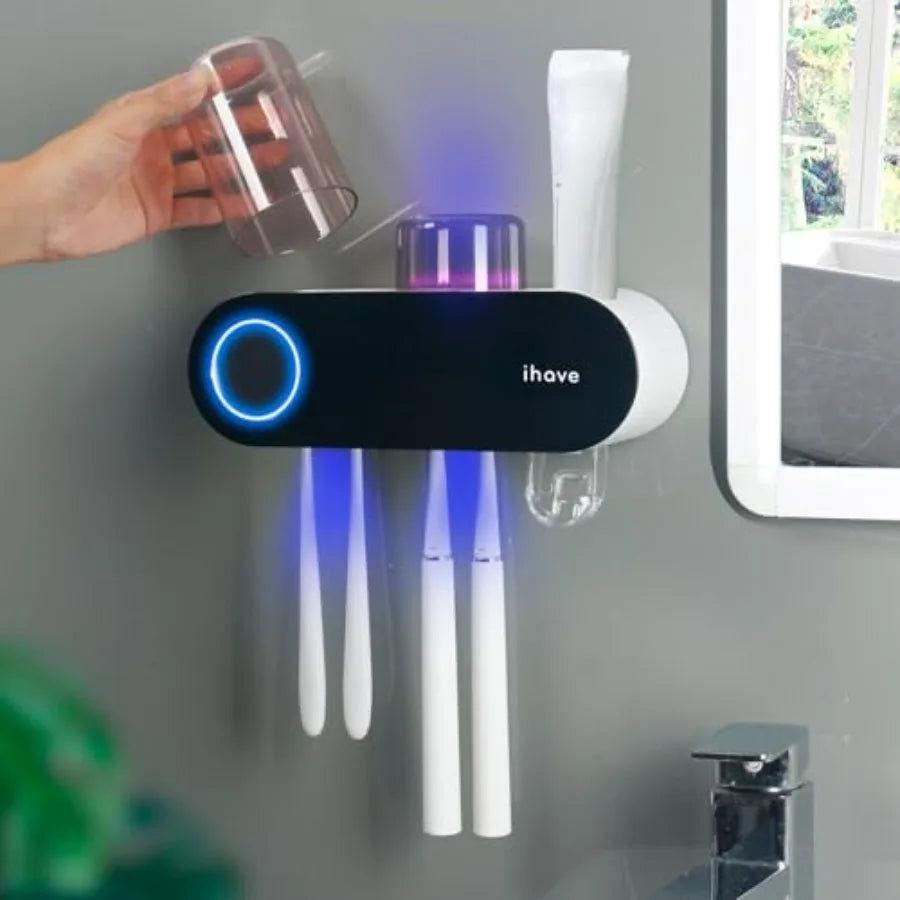Wall Mounted Electric Toothbrush Holders with 3 Cups UV Sanitizer Toothpaste Dispenser Smart Home Bathroom Accessories and Deco