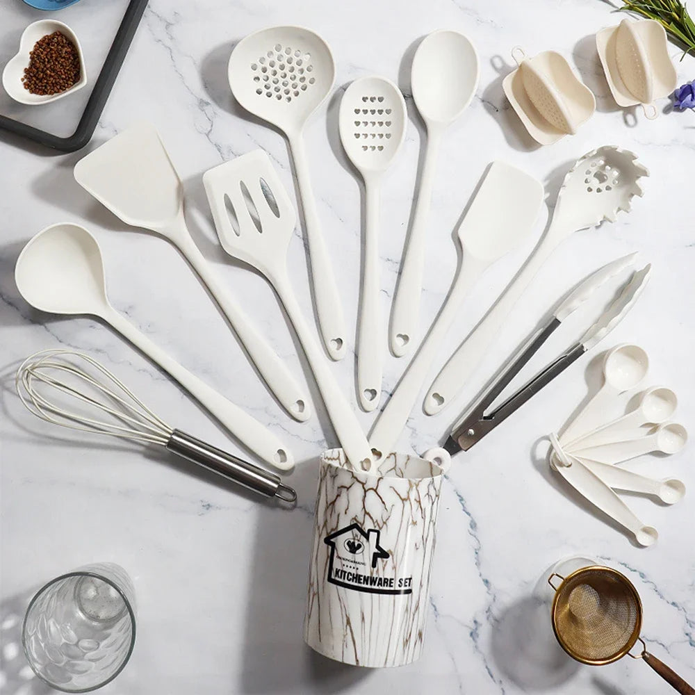White 10/18Pcs Food Grade Silicone Kitchen Cookware Utensils Turner Spatula Measuring Spoon Cooking Tool Kitchenware Set