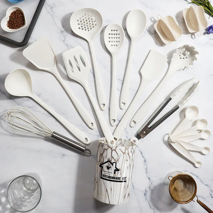 White 10/18Pcs Food Grade Silicone Kitchen Cookware Utensils Turner Spatula Measuring Spoon Cooking Tool Kitchenware Set
