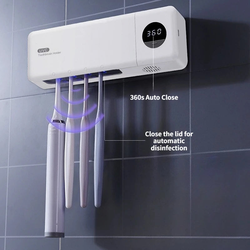 Intelligent UV Toothbrush Sterilizer USB Charging Wall-Mounted No-Drill Toothbrush Cleaner Bathroom Toothbrush Holder Organizer