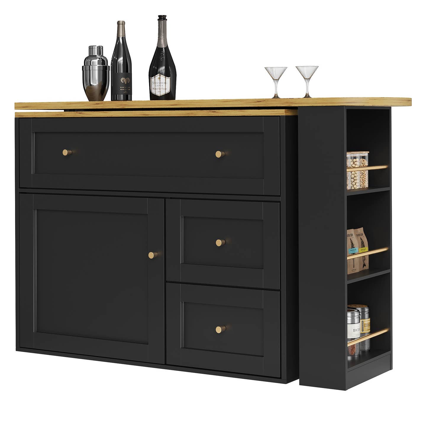 Wholesale Extendable bar table black with storage kitchen cabinet with snack shelf (138-204×39×105cm) MANGROVEPROP