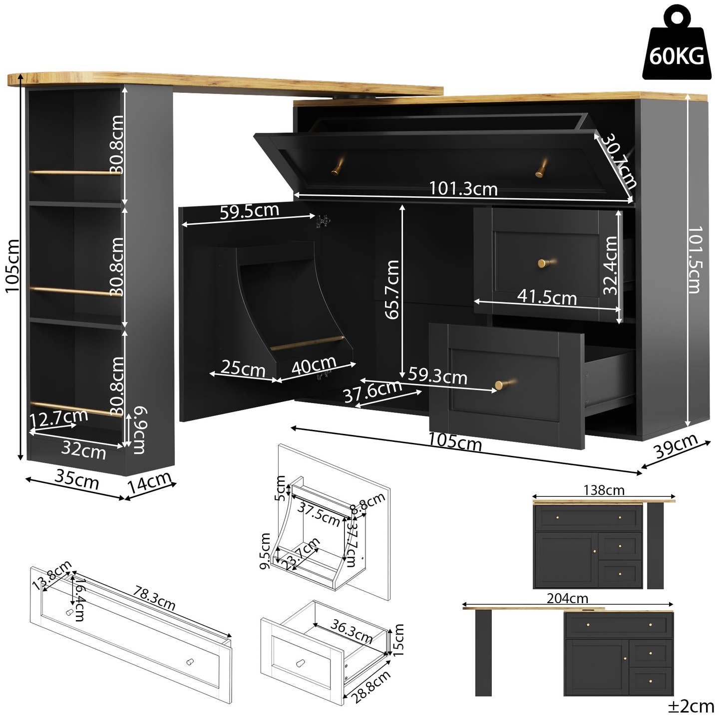 Wholesale Extendable bar table black with storage kitchen cabinet with snack shelf (138-204×39×105cm) MANGROVEPROP